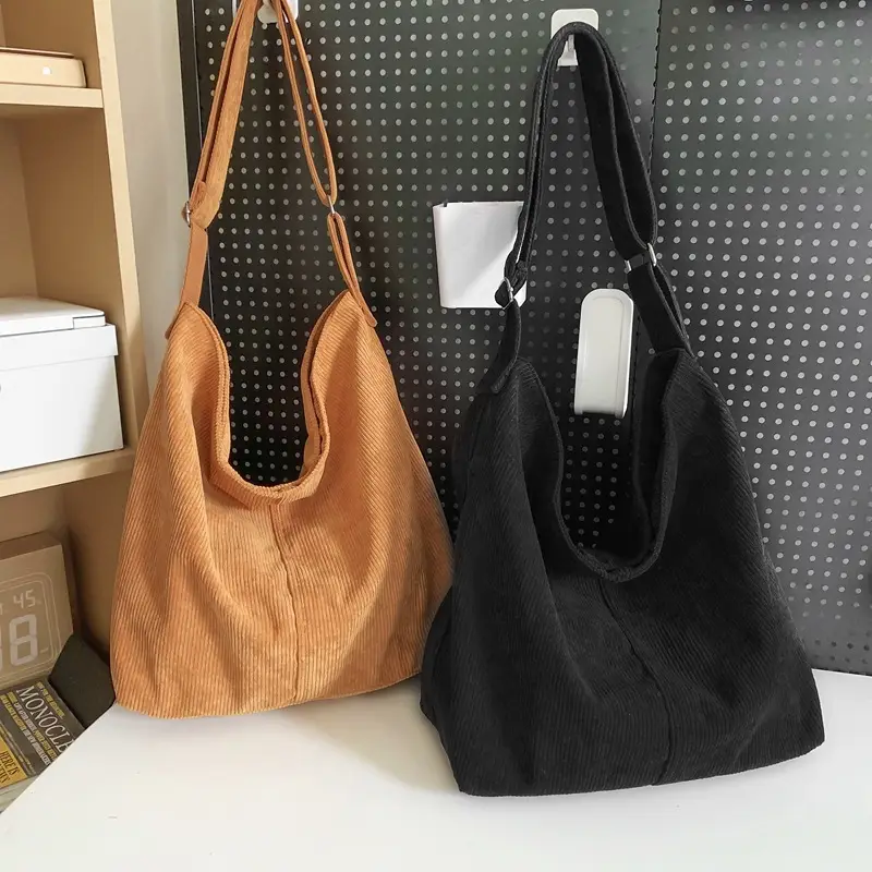 Vintage Grey Corduroy Shoulder Bag for Women