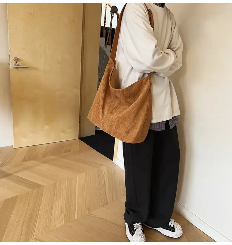 Vintage Grey Corduroy Shoulder Bag for Women — feature 24