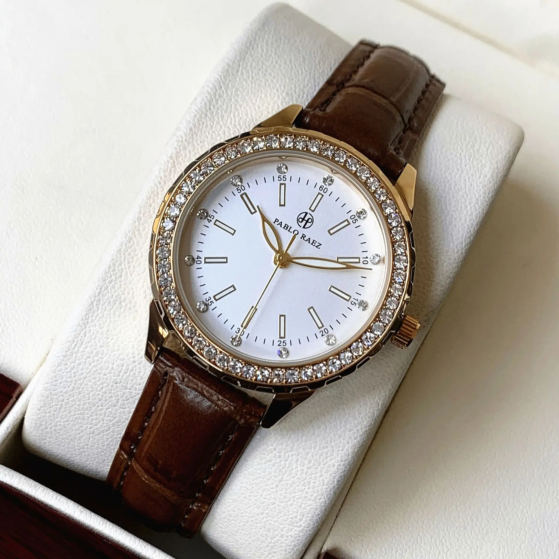 Luxury Gold Rhinestone Watch for Women Waterproof Brown Leather - Image 5