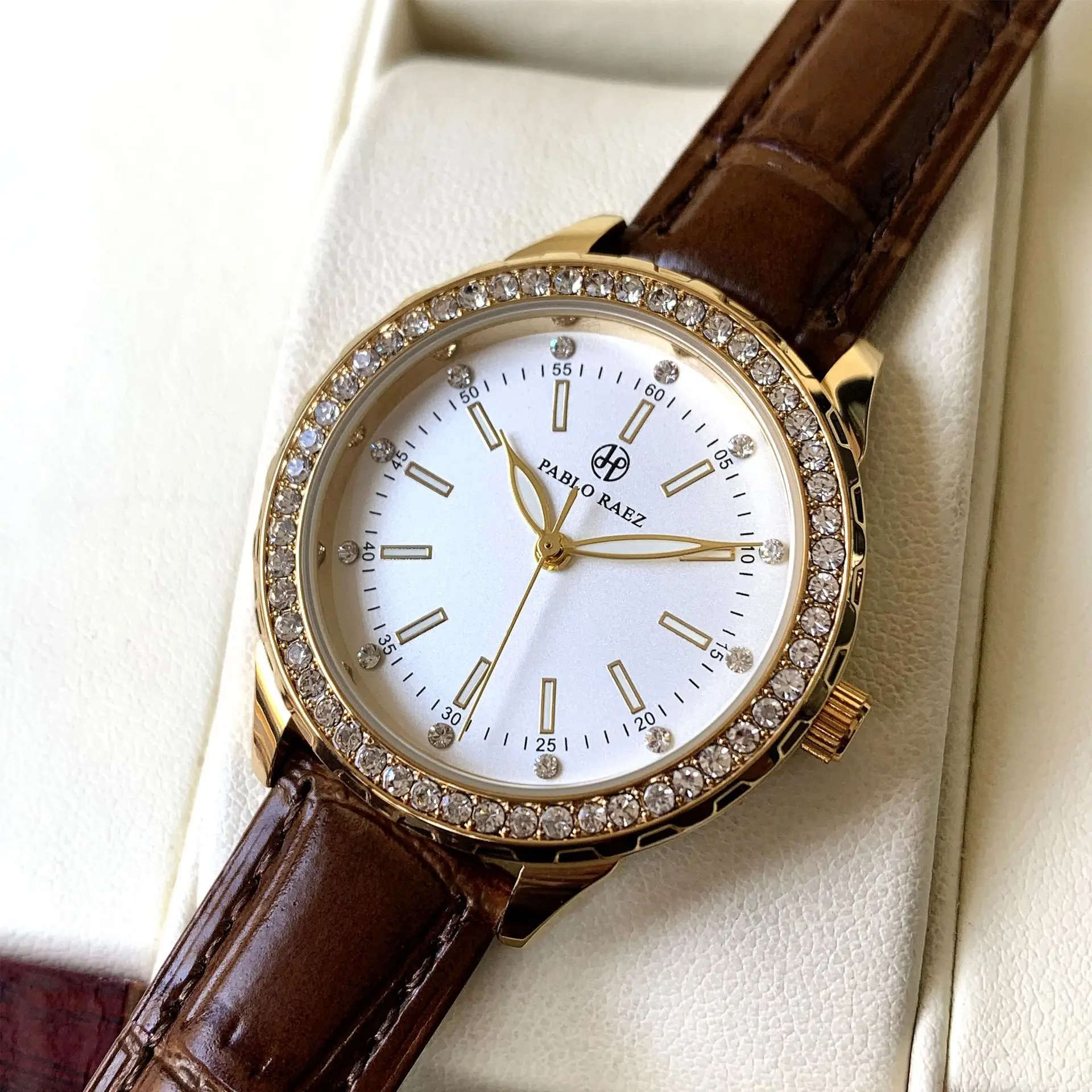 Luxury Gold Rhinestone Watch for Women Waterproof Brown Leather - Image 6