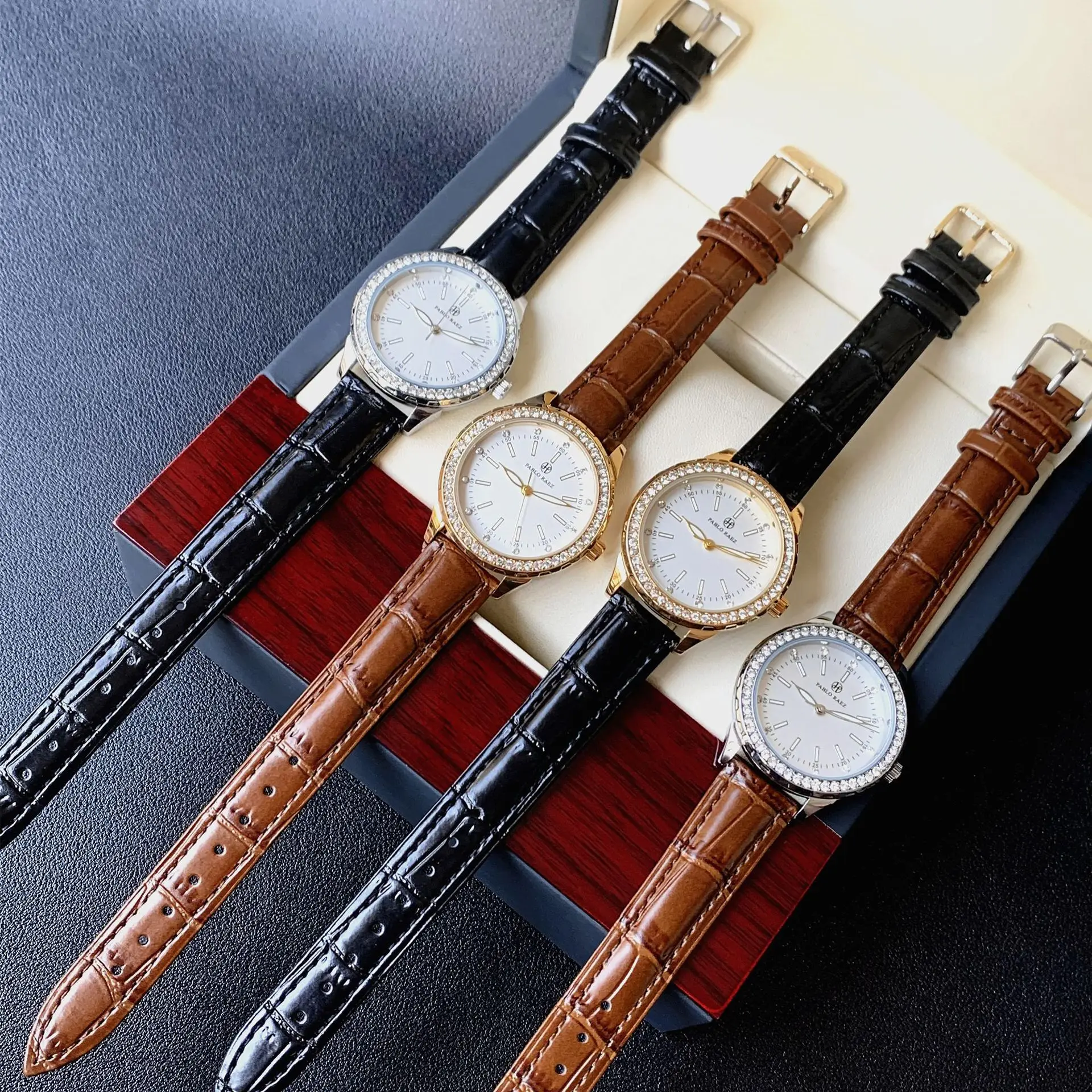 Luxury Gold Rhinestone Watch for Women Waterproof Brown Leather - Image 8