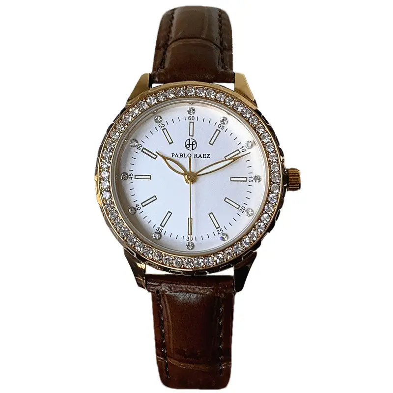 Luxury Gold Rhinestone Watch for Women Waterproof Brown Leather - Image 9