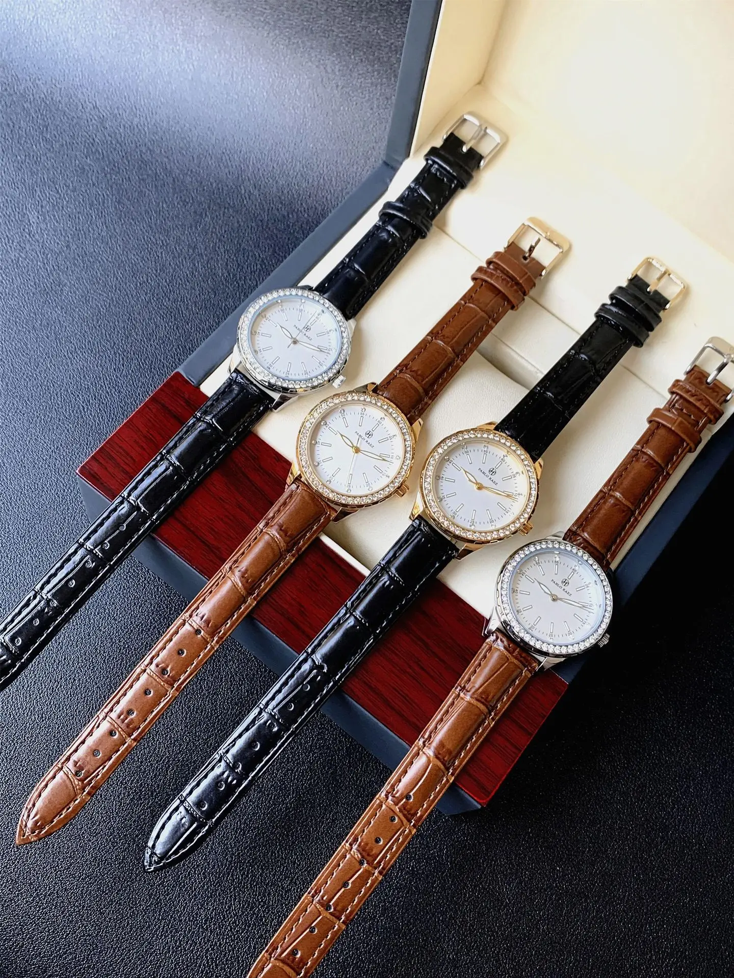 Luxury Gold Rhinestone Watch for Women Waterproof Brown Leather — feature 19