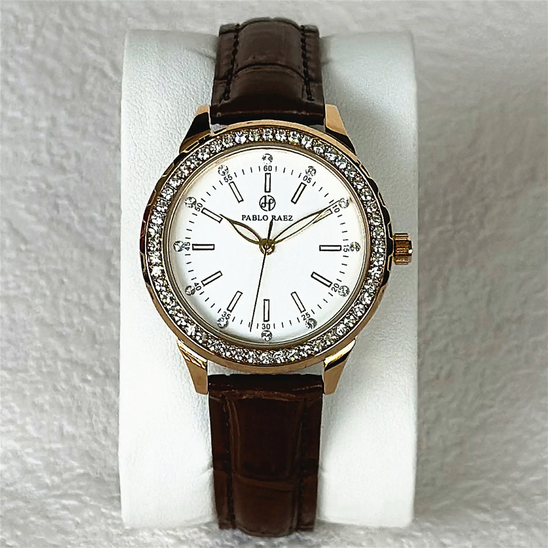 Luxury Gold Rhinestone Watch for Women Waterproof Brown Leather - Image 2