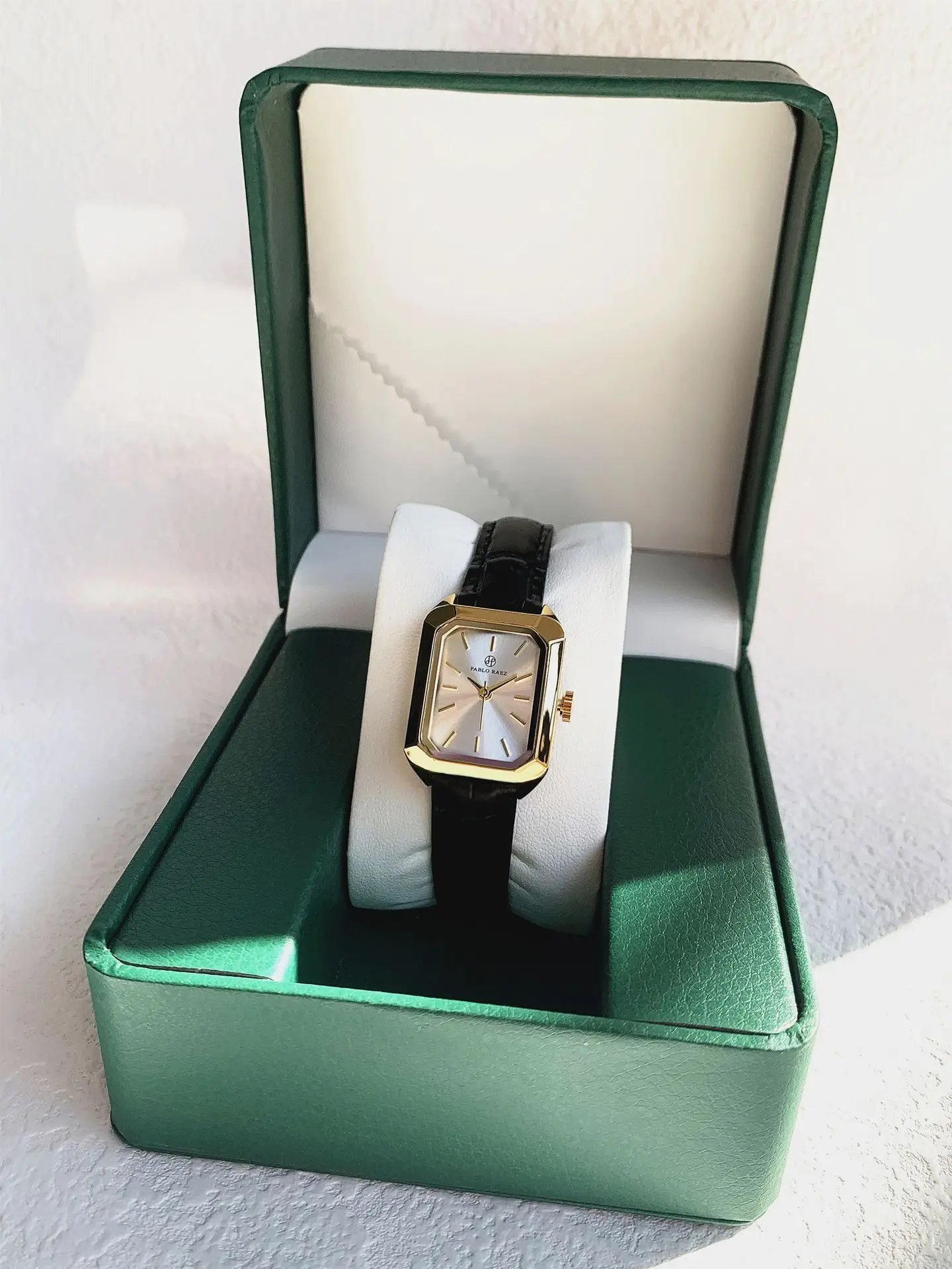 Women's Black Leather Strap Square Watch with Silver Dial — feature 12