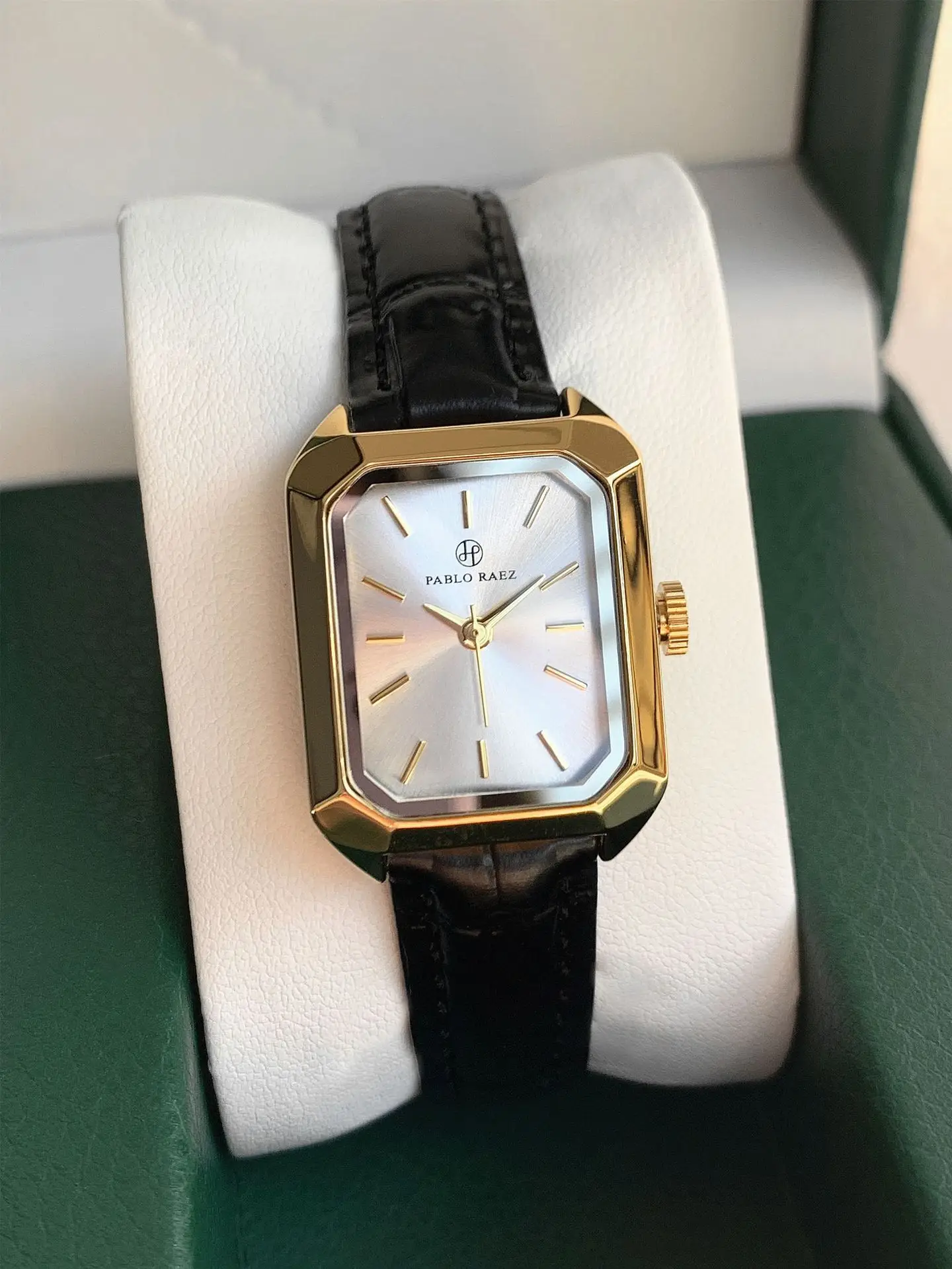 Women's Black Leather Strap Square Watch with Silver Dial — feature 13