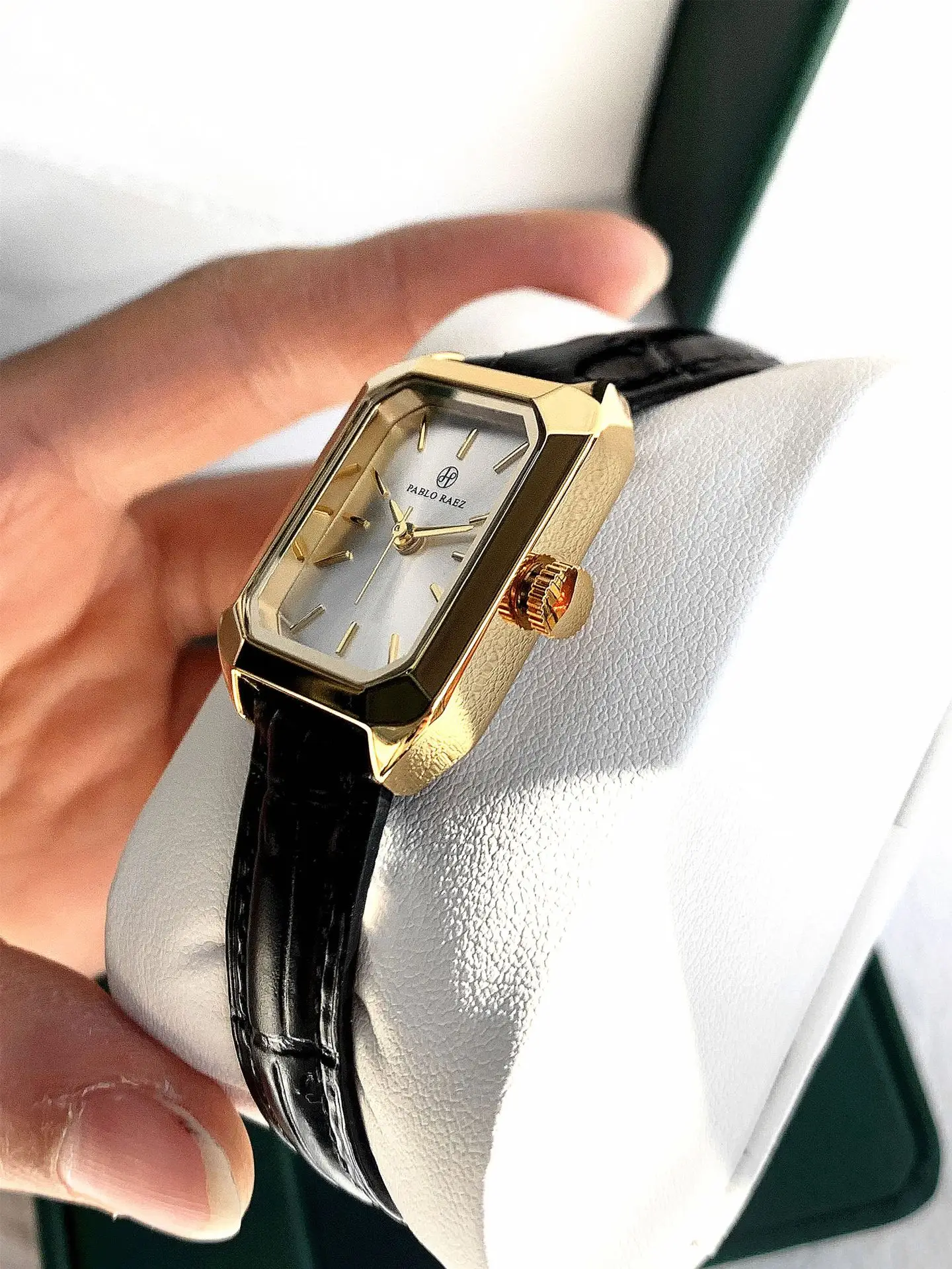 Women's Black Leather Strap Square Watch with Silver Dial — feature 14