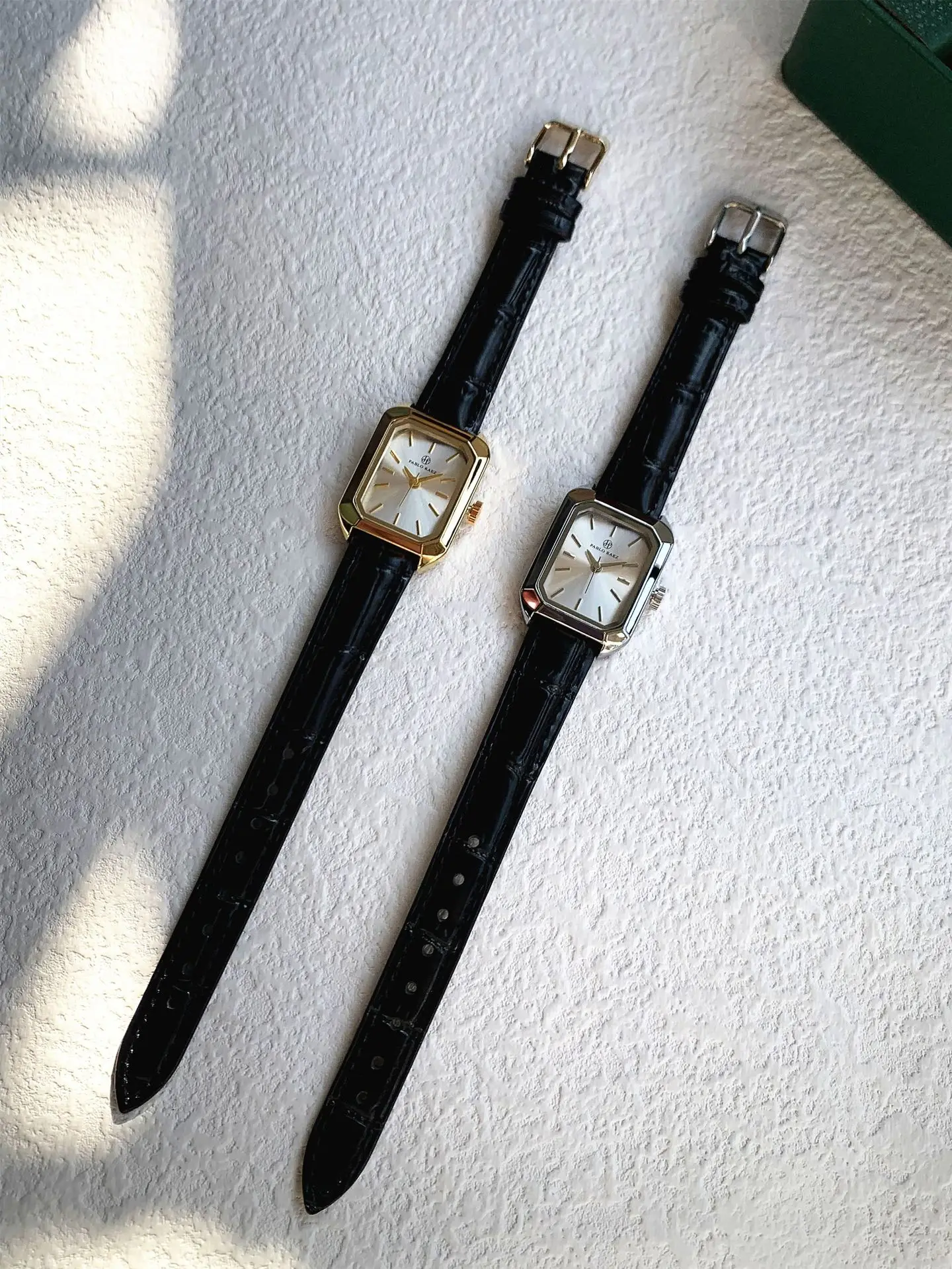 Women's Black Leather Strap Square Watch with Silver Dial — feature 18
