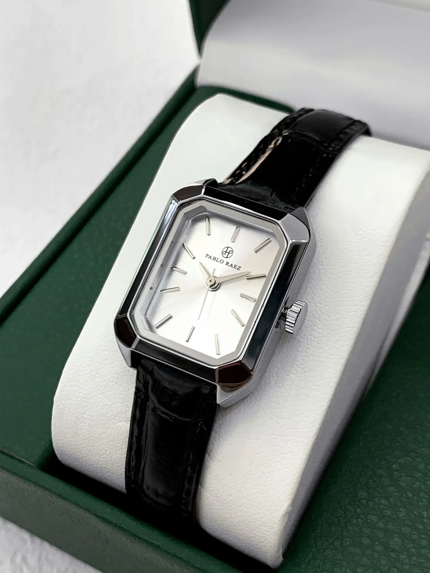Women's Black Leather Strap Square Watch with Silver Dial — feature 8