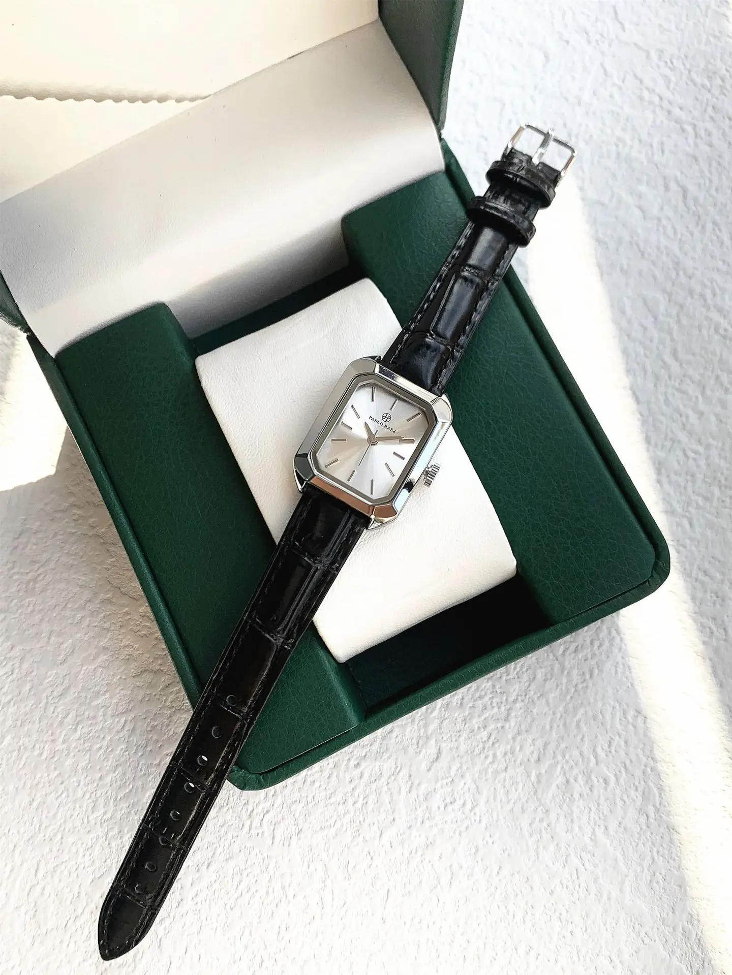 Women's Black Leather Strap Square Watch with Silver Dial — feature 9