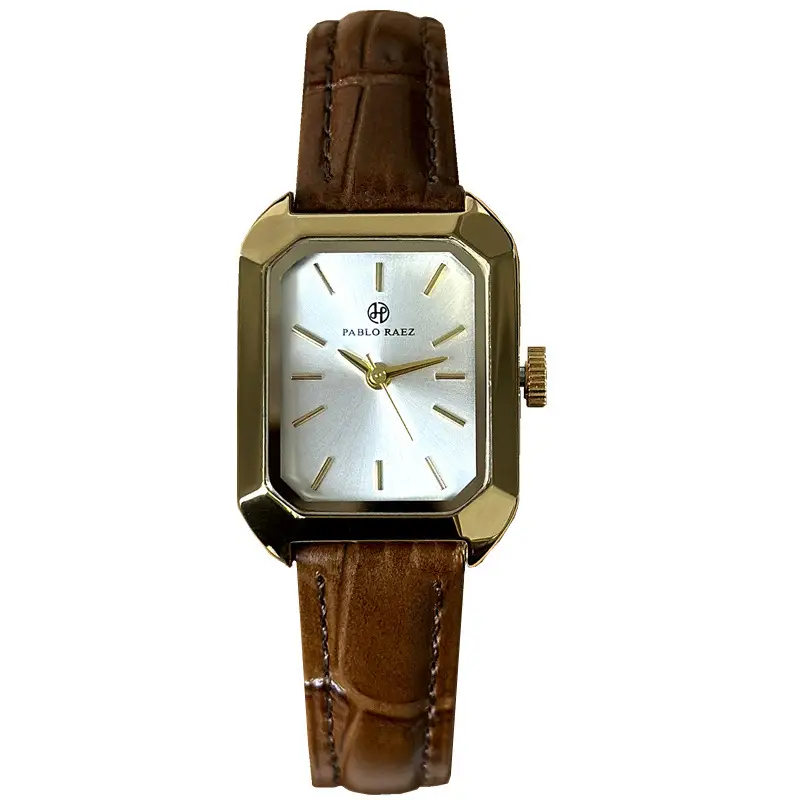 Women's Black Leather Strap Square Watch with Silver Dial - Image 4