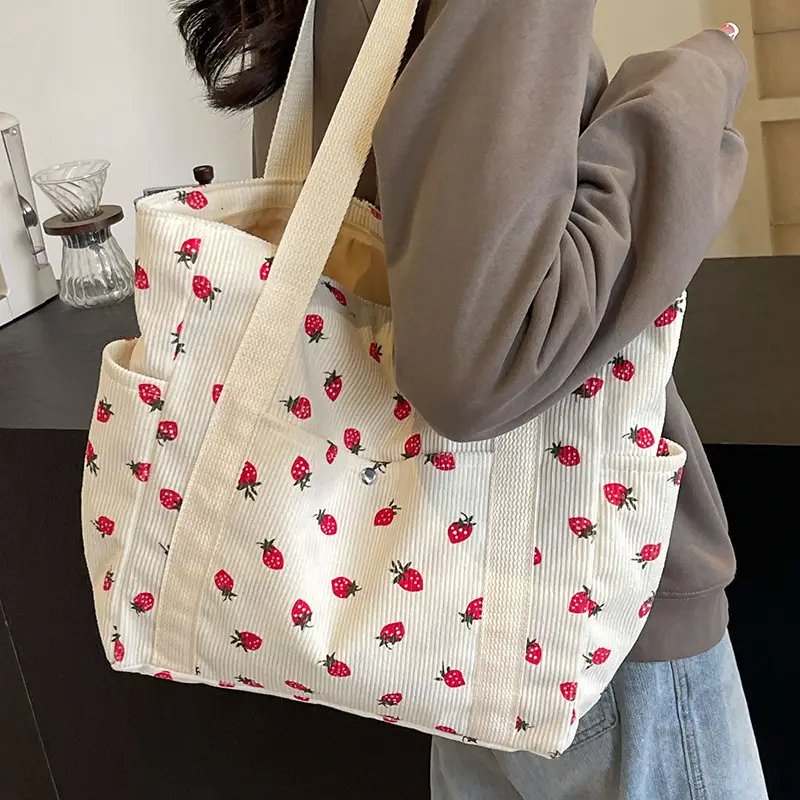 Women's Large Capacity Corduroy Shoulder Bag with Red Rose Print - Image 5