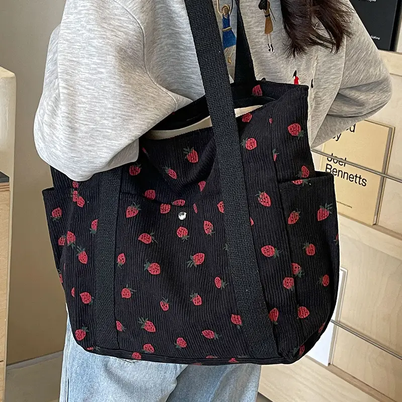 Women's Large Capacity Corduroy Shoulder Bag with Red Rose Print - Image 6