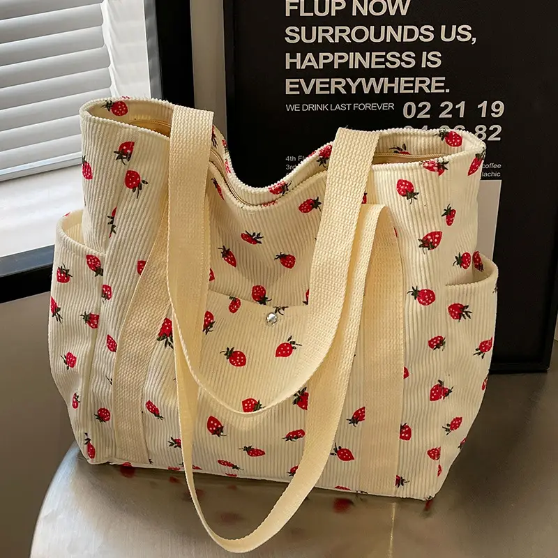 Women's Large Capacity Corduroy Shoulder Bag with Red Rose Print - Image 7