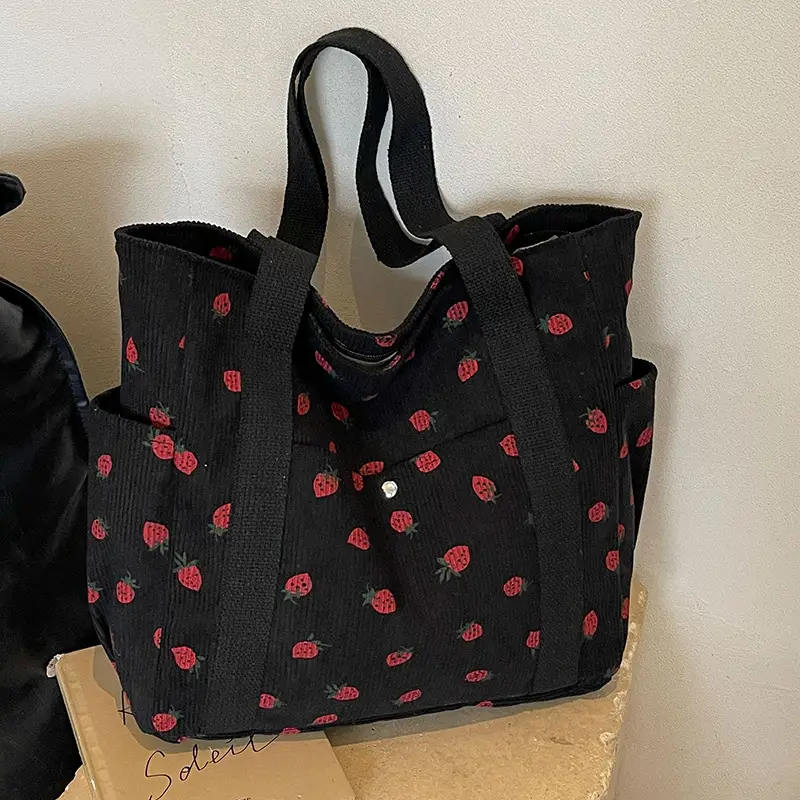 Women's Large Capacity Corduroy Shoulder Bag with Red Rose Print - Image 8
