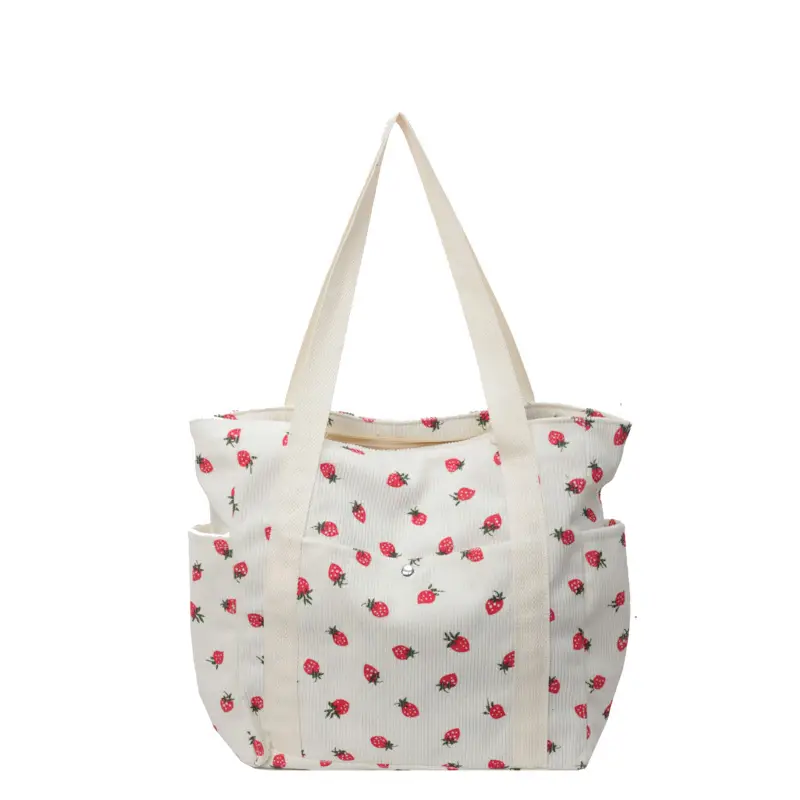 Women's Large Capacity Corduroy Shoulder Bag with Red Rose Print - Image 9
