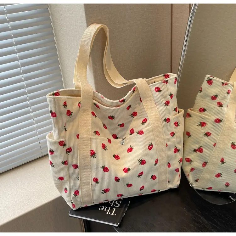 Women's Large Capacity Corduroy Shoulder Bag with Red Rose Print — feature 10