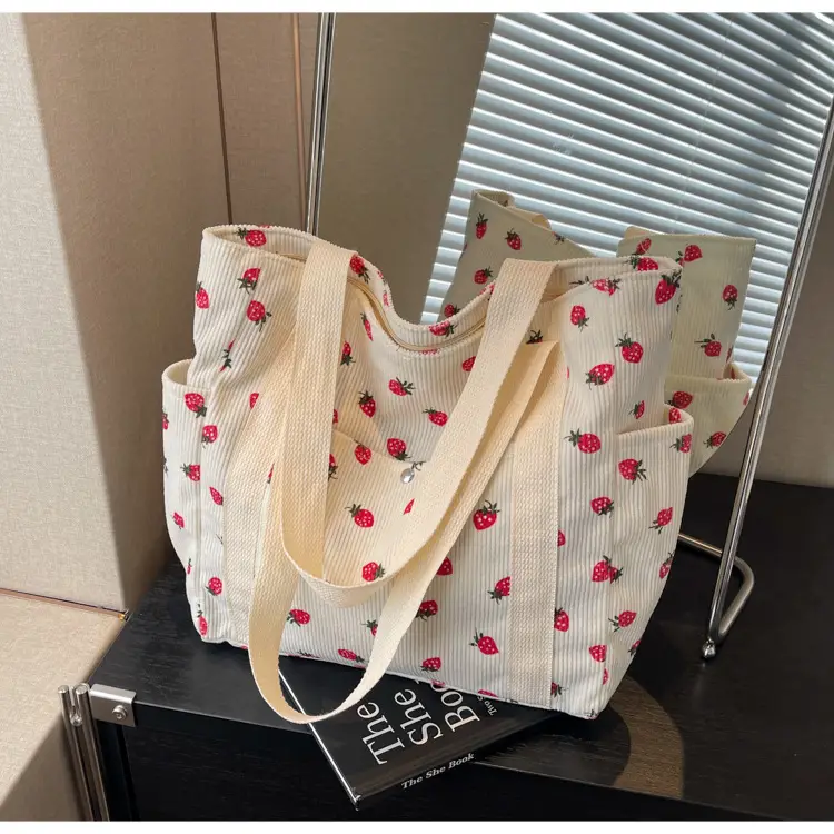 Women's Large Capacity Corduroy Shoulder Bag with Red Rose Print — feature 11