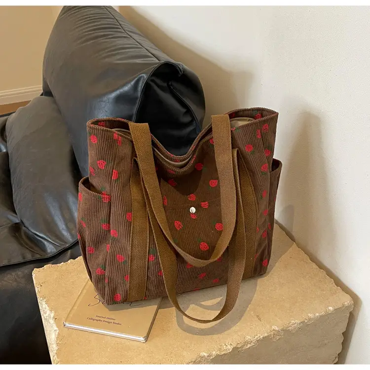 Women's Large Capacity Corduroy Shoulder Bag with Red Rose Print — feature 12