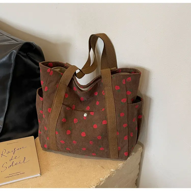 Women's Large Capacity Corduroy Shoulder Bag with Red Rose Print — feature 13