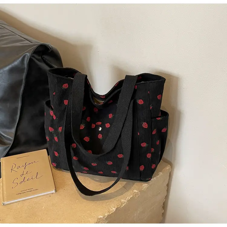 Women's Large Capacity Corduroy Shoulder Bag with Red Rose Print — feature 14