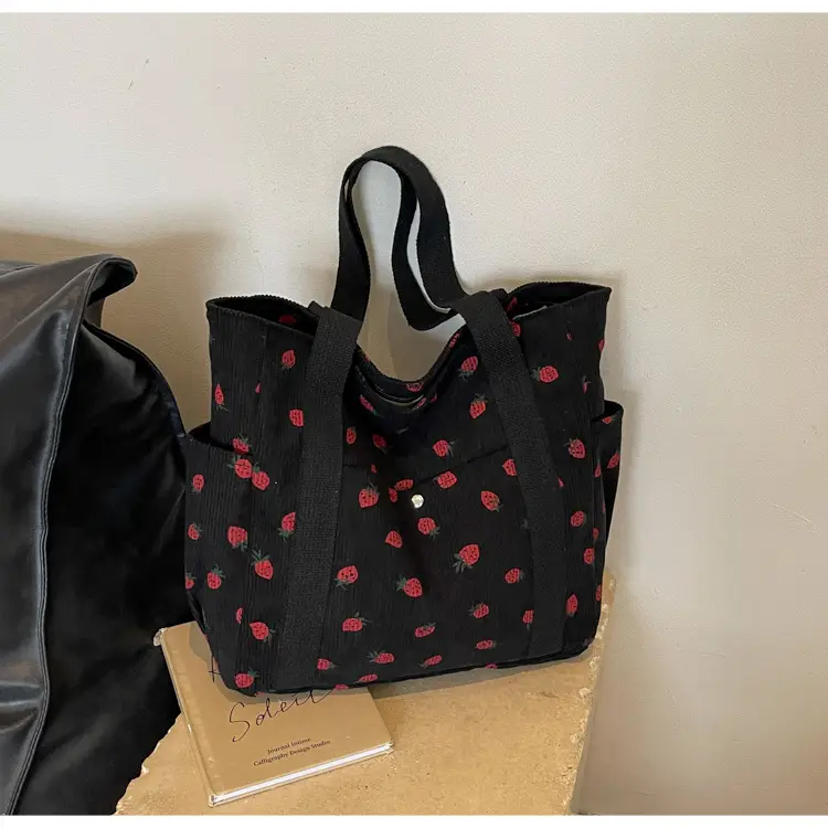 Women's Large Capacity Corduroy Shoulder Bag with Red Rose Print — feature 15