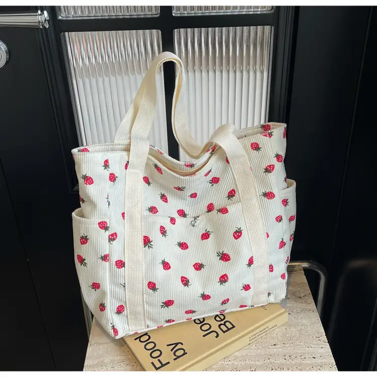 Women's Large Capacity Corduroy Shoulder Bag with Red Rose Print — feature 16