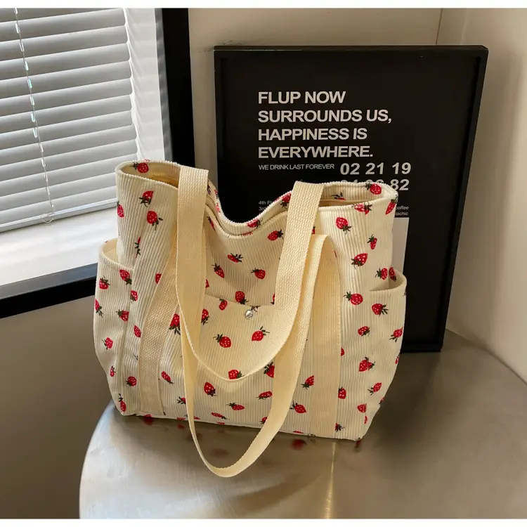 Women's Large Capacity Corduroy Shoulder Bag with Red Rose Print — feature 18