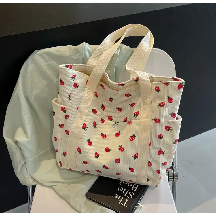 Women's Large Capacity Corduroy Shoulder Bag with Red Rose Print — feature 19