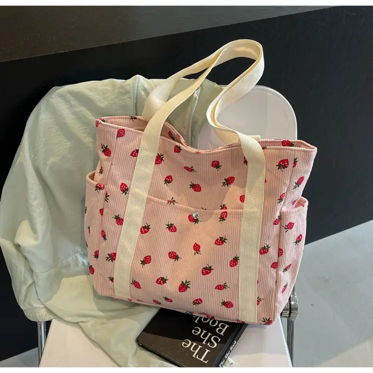Women's Large Capacity Corduroy Shoulder Bag with Red Rose Print — feature 20