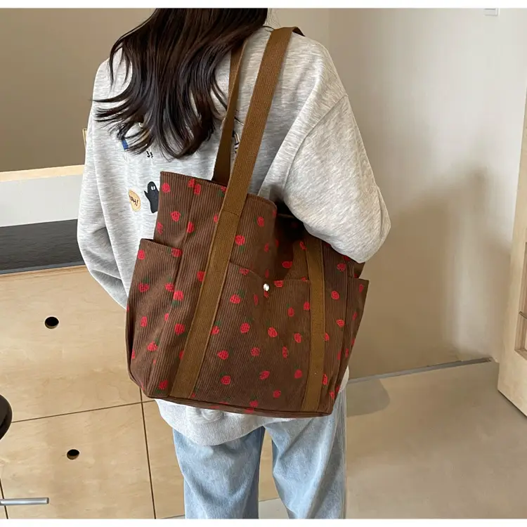 Women's Large Capacity Corduroy Shoulder Bag with Red Rose Print — feature 22