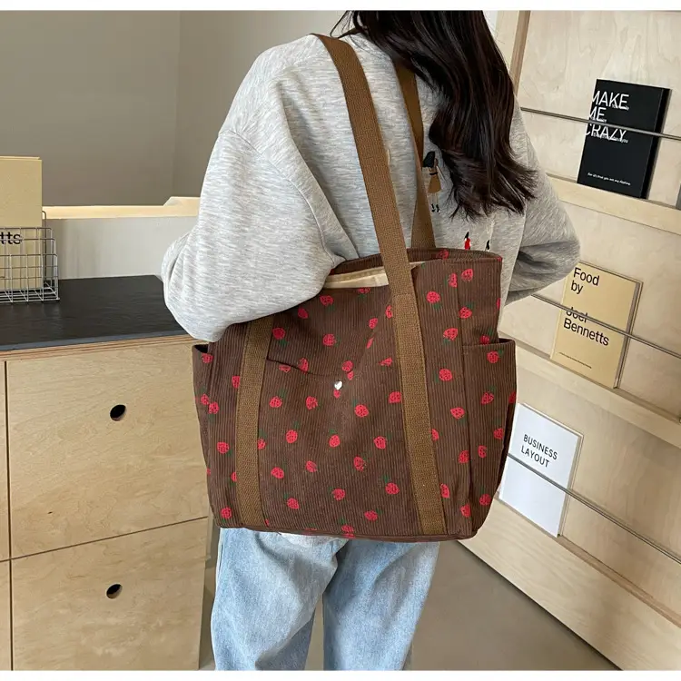 Women's Large Capacity Corduroy Shoulder Bag with Red Rose Print — feature 23