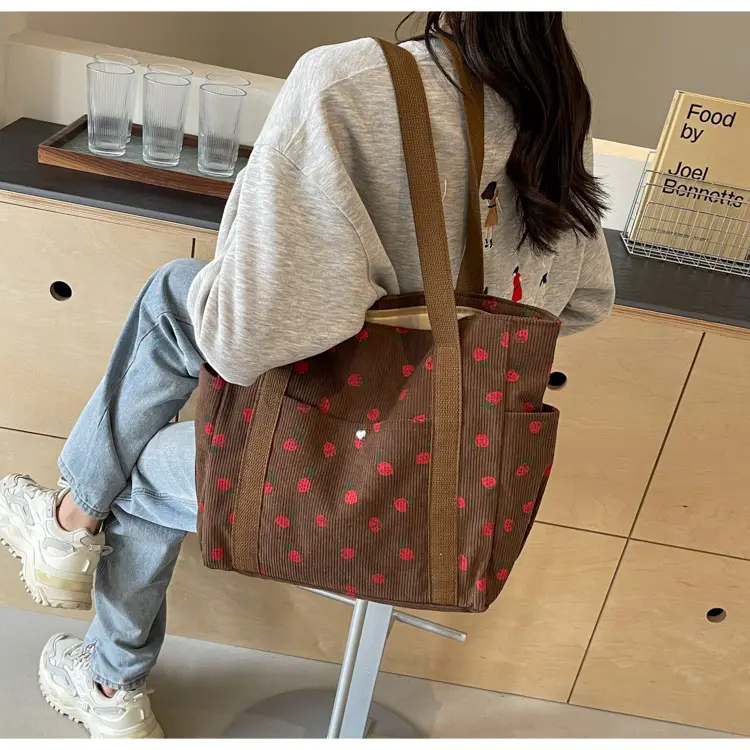 Women's Large Capacity Corduroy Shoulder Bag with Red Rose Print — feature 24