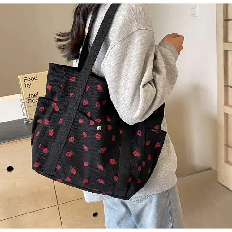 Women's Large Capacity Corduroy Shoulder Bag with Red Rose Print — feature 25