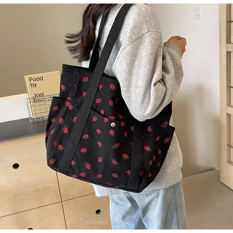 Women's Large Capacity Corduroy Shoulder Bag with Red Rose Print — feature 26
