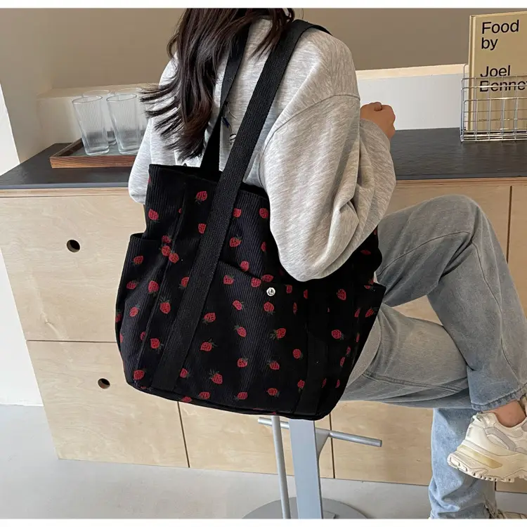 Women's Large Capacity Corduroy Shoulder Bag with Red Rose Print — feature 27