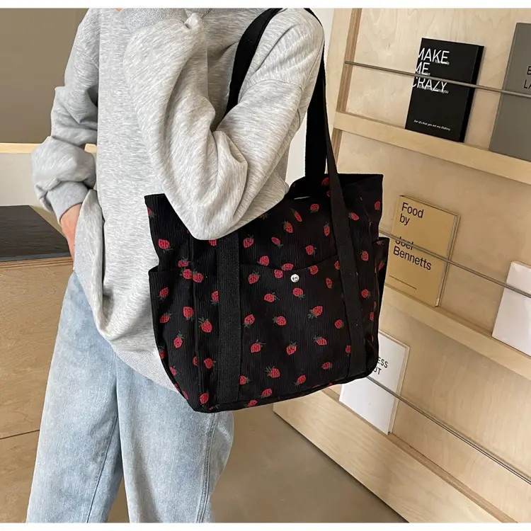Women's Large Capacity Corduroy Shoulder Bag with Red Rose Print — feature 28