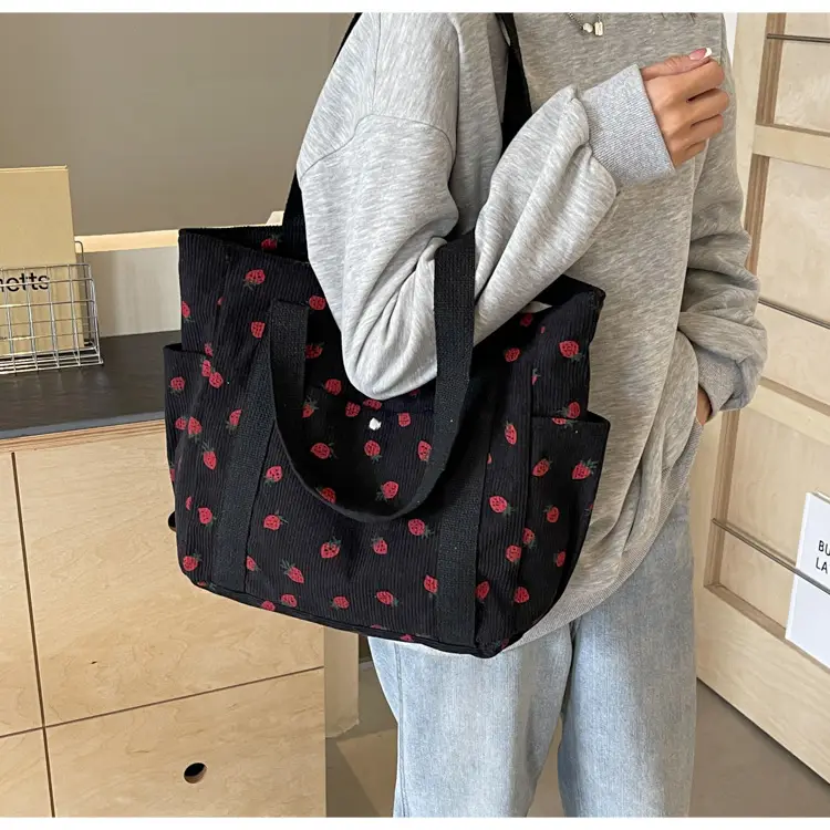 Women's Large Capacity Corduroy Shoulder Bag with Red Rose Print — feature 29