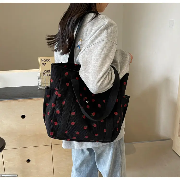 Women's Large Capacity Corduroy Shoulder Bag with Red Rose Print — feature 30