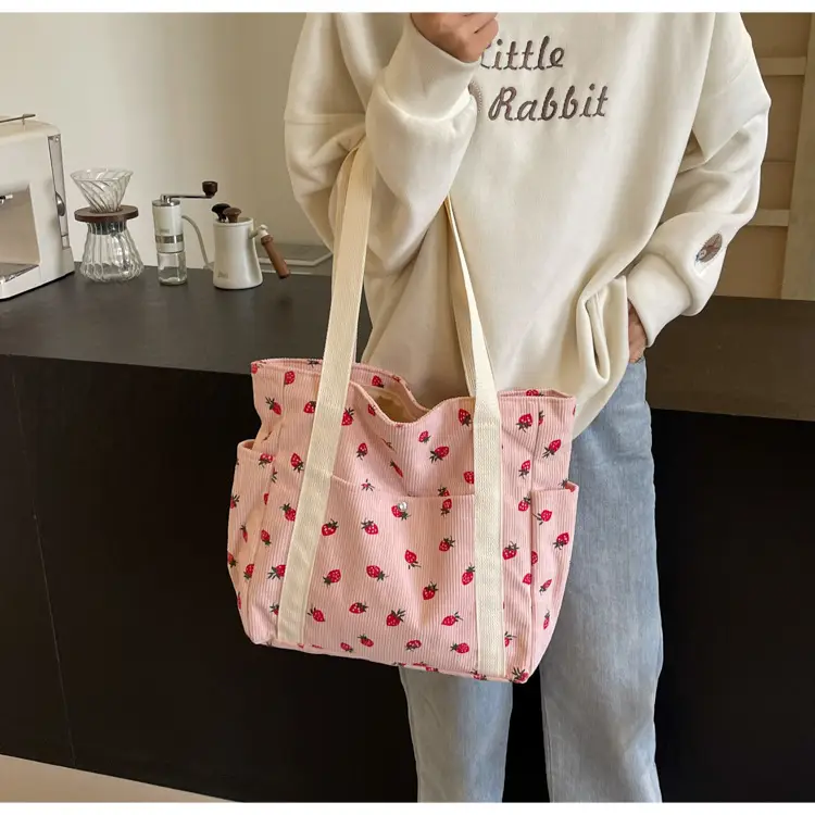 Women's Large Capacity Corduroy Shoulder Bag with Red Rose Print — feature 32