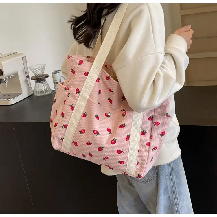 Women's Large Capacity Corduroy Shoulder Bag with Red Rose Print — feature 33