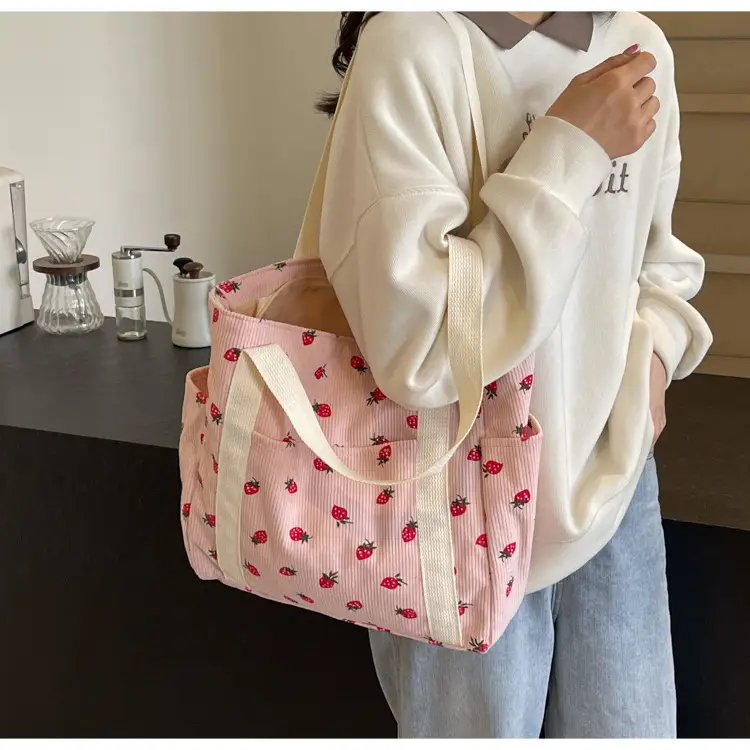 Women's Large Capacity Corduroy Shoulder Bag with Red Rose Print — feature 34