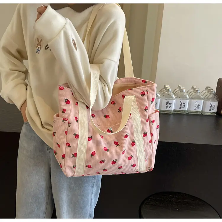 Women's Large Capacity Corduroy Shoulder Bag with Red Rose Print — feature 35