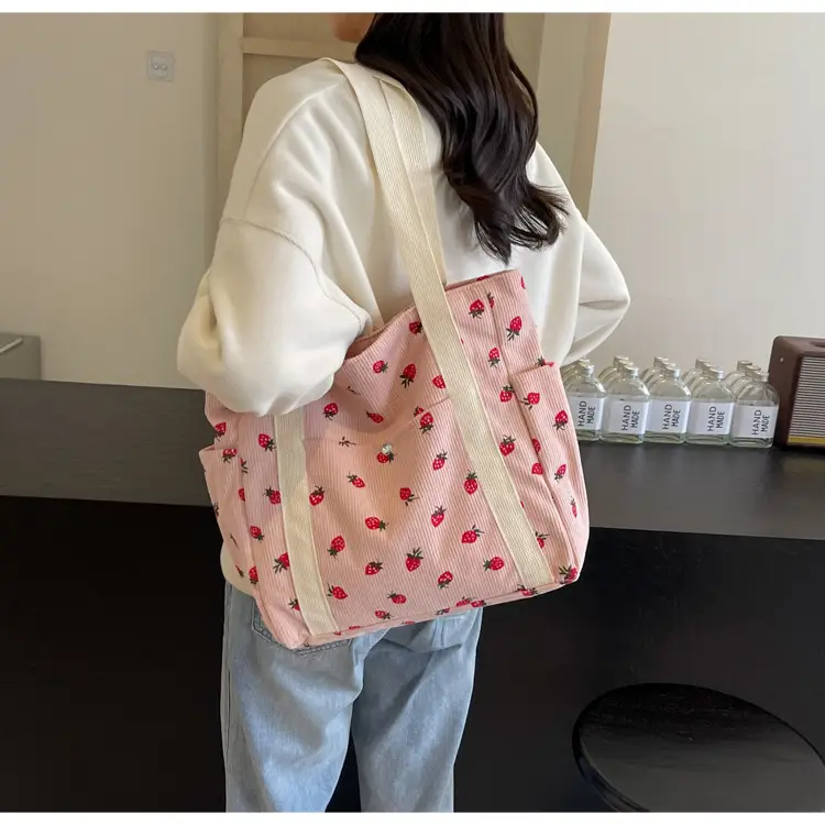 Women's Large Capacity Corduroy Shoulder Bag with Red Rose Print — feature 36