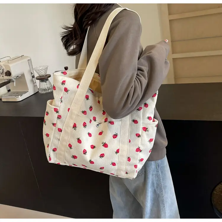 Women's Large Capacity Corduroy Shoulder Bag with Red Rose Print — feature 37