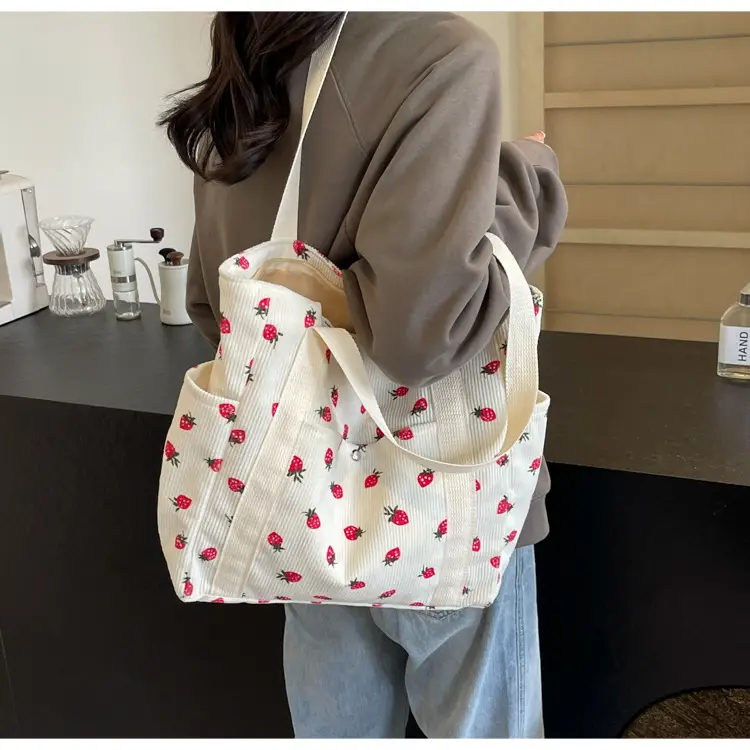 Women's Large Capacity Corduroy Shoulder Bag with Red Rose Print — feature 38
