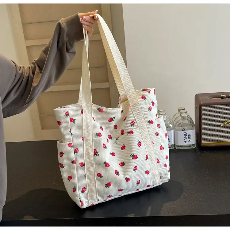 Women's Large Capacity Corduroy Shoulder Bag with Red Rose Print — feature 39