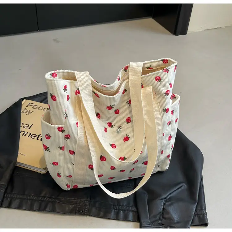 Women's Large Capacity Corduroy Shoulder Bag with Red Rose Print — feature 8