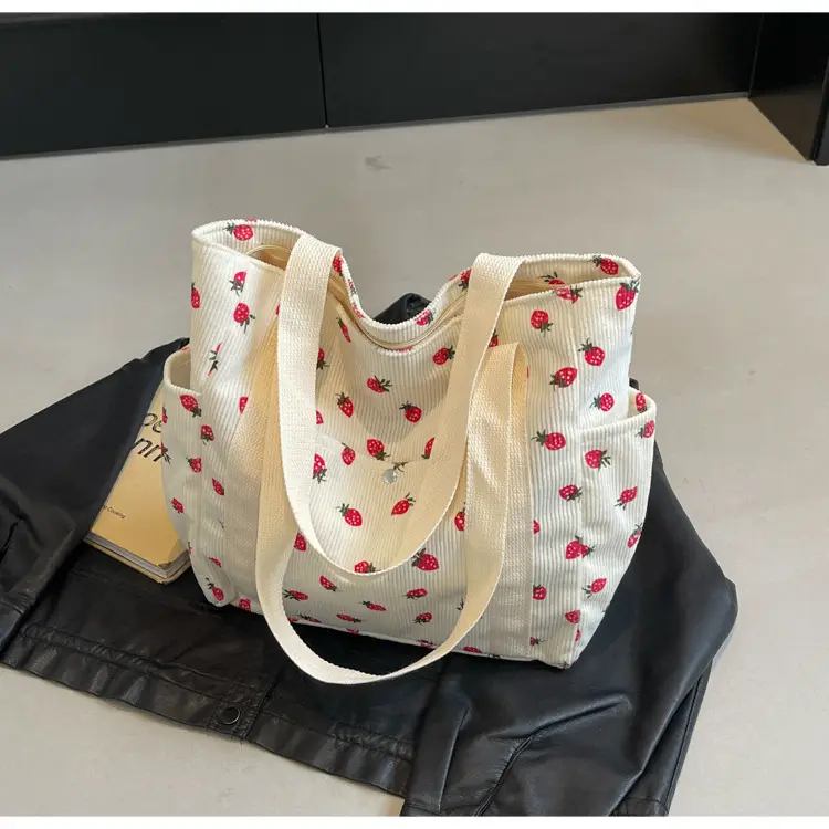 Women's Large Capacity Corduroy Shoulder Bag with Red Rose Print — feature 9