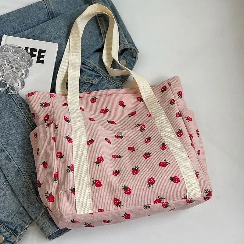 Women's Large Capacity Corduroy Shoulder Bag with Red Rose Print - Image 2